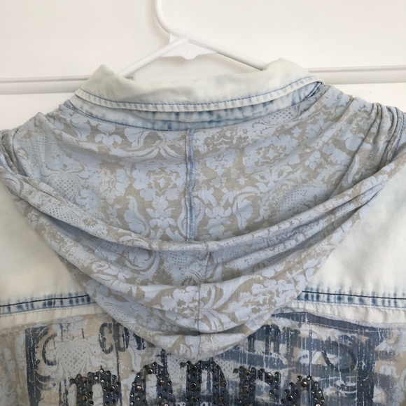 Upcycled Maurices Rodeo Boho Dip-Dye Grunge Knit Hoodie Denim Shirt Size 2 - Picture 5 of 8